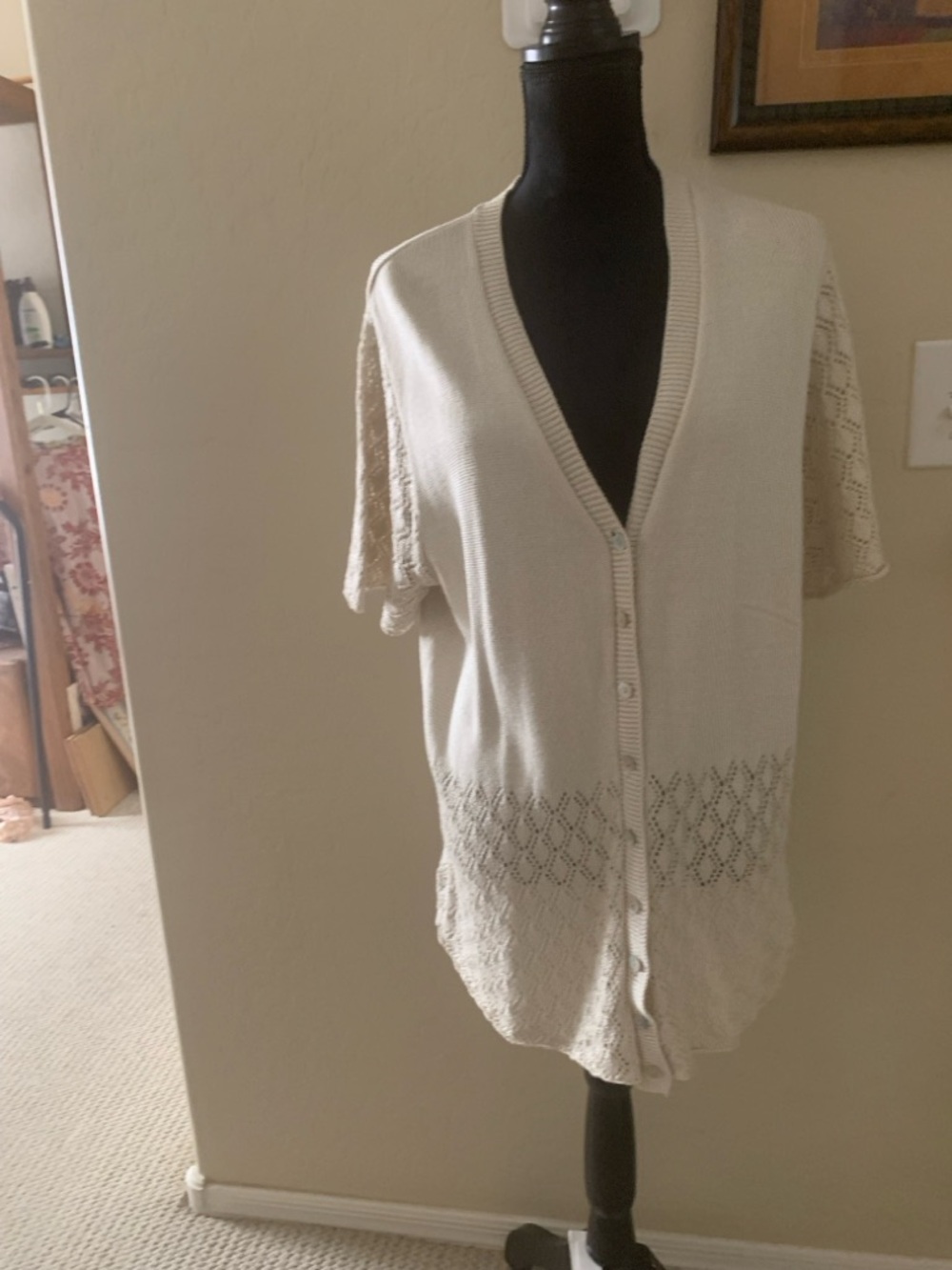 Sweater Short-Sleeve Cream Button-Front Knit With Textured OpenWork Design SZ XL